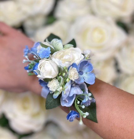 Blue and White Wrist Corsage - image 1