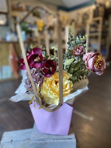Mauve and Yellow Artificial Flower Arrangement in Vase with Gift Bag. - image 1