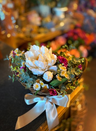 White and Burgundy Flower Basket.