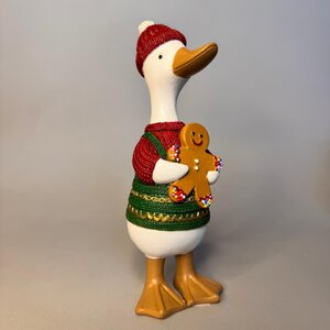 Christmas goose with Santa hat holding gingerbread man 8x7.5x21cm