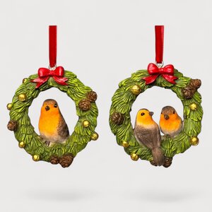 Christmas robins on wreath tree trims 8.5cm
