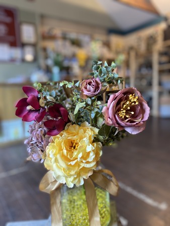 Mauve and Yellow Artificial Flower Arrangement in Vase with Gift Bag. - image 2