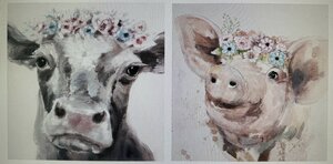 Picture, square, Flower motif, Cow motif or Pig motif, Canvas(2 assorted)