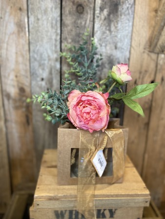Pink Rose and Eucalyptus Artificial Flower Arrangement in Gift Bag. - image 1