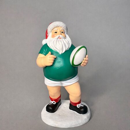 Santa in green jersey with rugby ball 16cm
