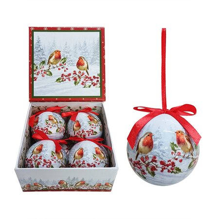 Set of 4pcs 75mm Baubles w/2 robins scene in a square gift box