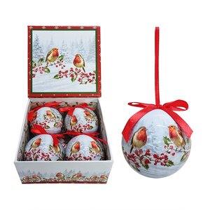 Set of 4pcs 75mm Baubles w/2 robins scene in a square gift box
