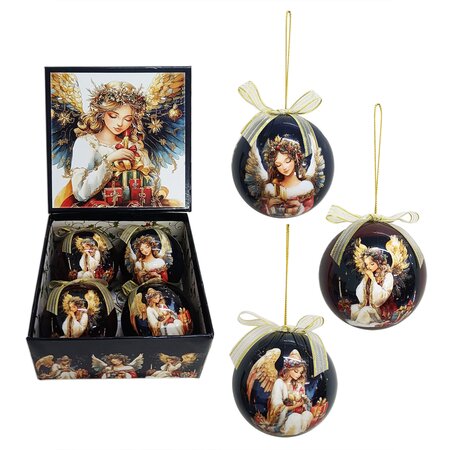 Set of 4pcs 75mm Baubles w/Christmas Angel scene