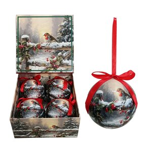 Set of 4pcs 75mm baubles w/ Christmas Robin in snow scene in a square gift box