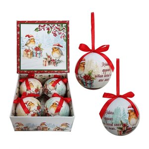 Set of 4pcs 75mm baubles w/Robins in Santa hat with msg in square gift box