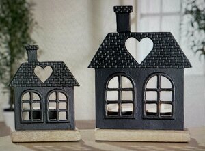 Tealight candle holder, House - Mango wood/black Medium