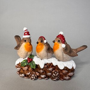 Three Robins with Santa hat on cone with holly and snow 14x9cm