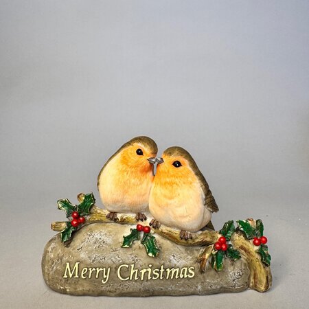 Two Christmas robins on Merry Christmas sign 12.5x9cm