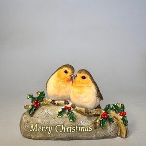 Two Christmas robins on Merry Christmas sign 12.5x9cm
