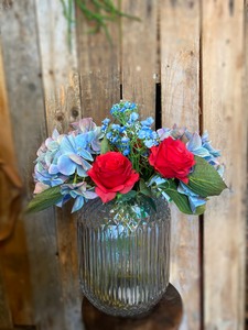 Vintage Red Rose and Hydrangea Faux Flower Arrangement with Vase